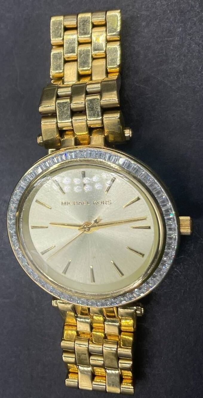 Michael Kors MK-3365 Womens Gold Tone Baguette Crystal Bezel Quartz Watch